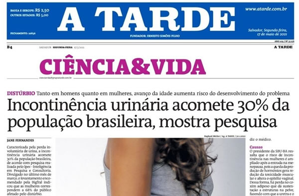 Jornal A Tarde – Incontinência Urinária acomete 30% da população – maio 2021