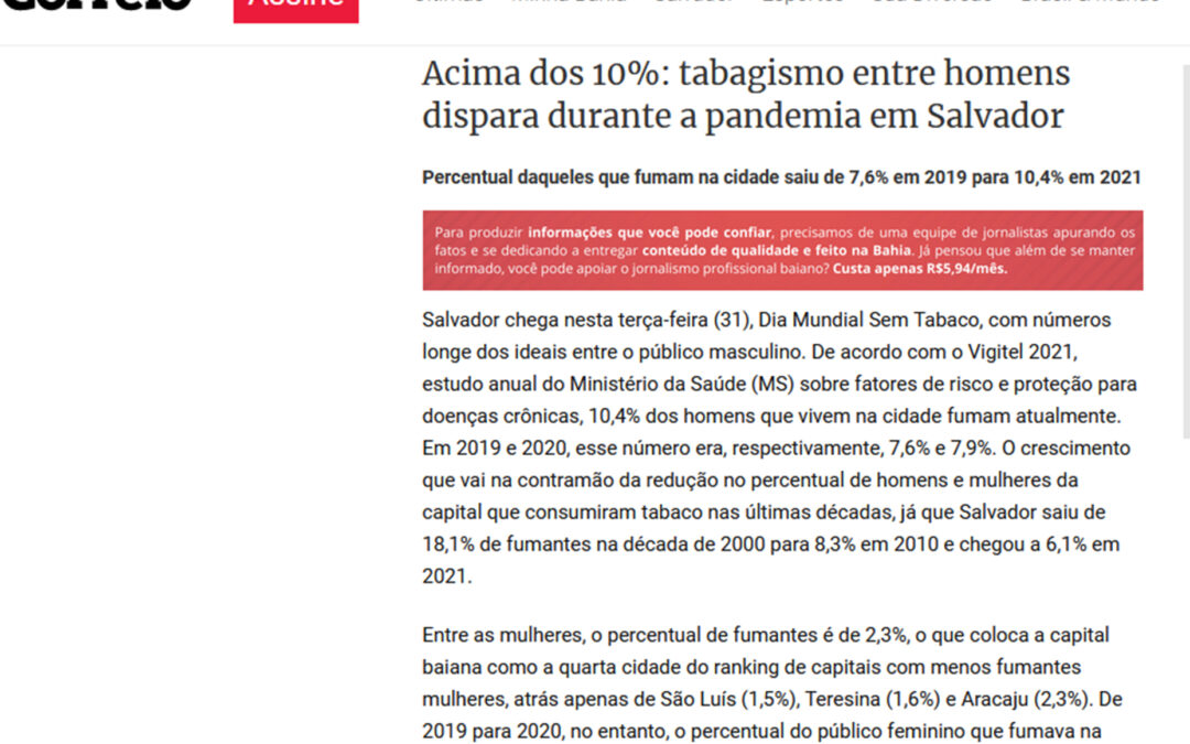 Correio – Acima dos 10%: tabagismo entre homens dispara durante a pandemia em Salvador